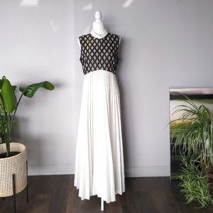 Vintage 1960s Maxi Dress with White Accordion Pleated Skirt and Black Bodice
